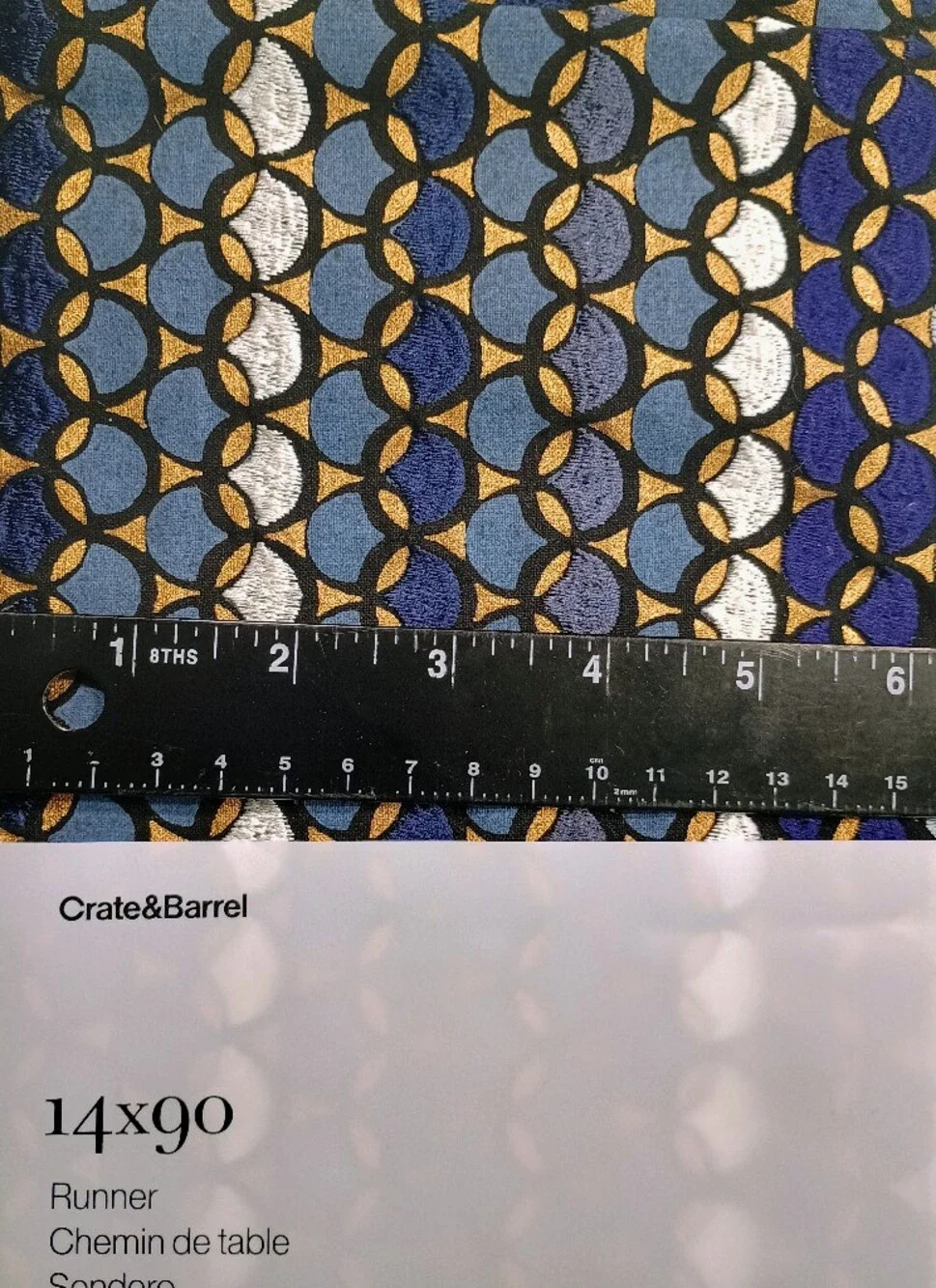 Crate & Barrel 14x90 Table Runner - Blue, Gold & White Geometric